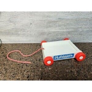 Vintage Playskool Pull Along Wagon with 18 Alphabet Numbered Wooden Blocks